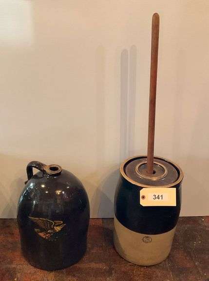 Stoneware Butter Churn #8, 14", Stoneware Jug With Eagle Design, 15" image