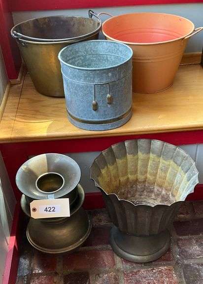 Two Brass Spitoons, Brass Bucket, Brass Planter, 2 Metal Buckets image