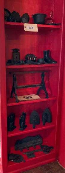Cast Iron Assortment Includes Paper Towel Dispenser, Cobblers Tools, Book Ends, Irons, & More image