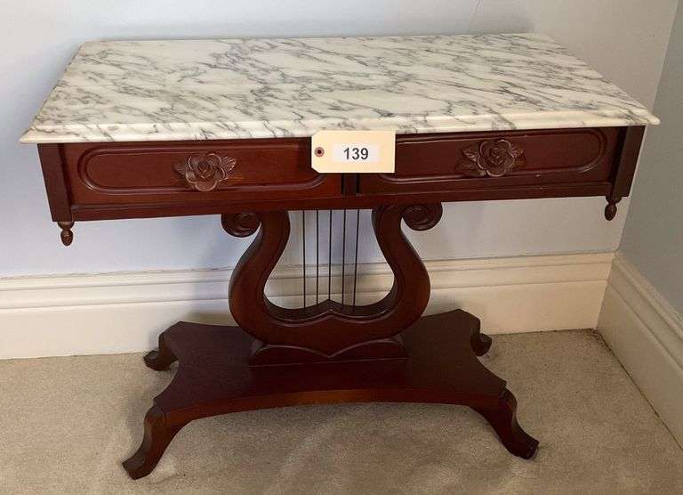 Antique Wooden Marble Top Harp Design Table, 36"X18"X29" image