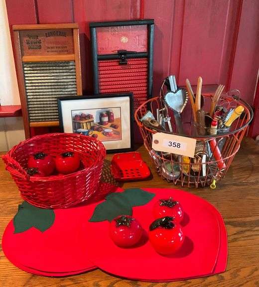 Vintage Basket Of Kitchen Utensils, Lingerie Washboard, Small Washboard Note Holder, Basket Of Glass Tomatoes & More image