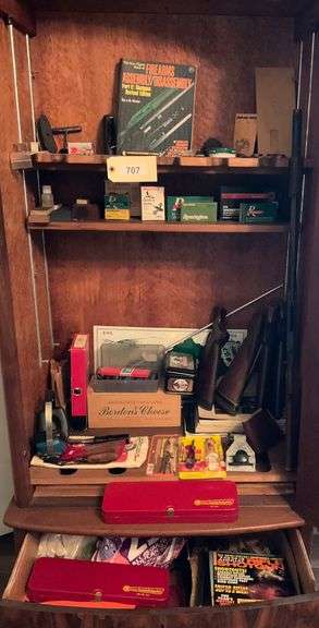 Gun Cabinet Contents, Ammo, Gun Stocks, Gun Butts, Gun Cleaning Supplies, Hunting Vests, Daisy Pump BB Rifle, & More image