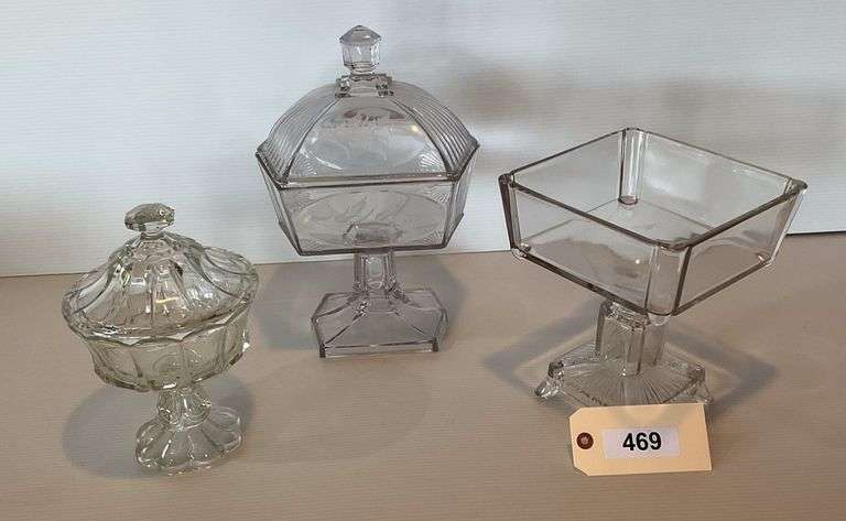 Two Covered Glass Pedestal Bowls, Open Pedestal Square Bowl image