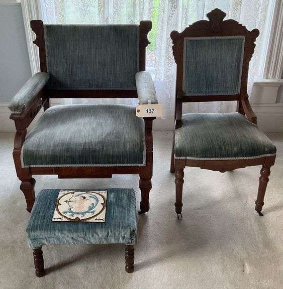 Two Antique Velvet Accent Chairs On Rollers With Stool image