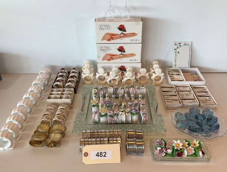 Large Assortment Of Napkin Rings, Ceramic And Glass Place Card Holders, 20 Sterling Silver Napkin Rings, Old Country Roses Napkin Rings image