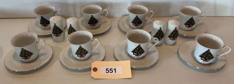 16 Christmas Porcelain Cups/ Saucers (8 Not Shown) And 2 Sets of Salt/Peppers image
