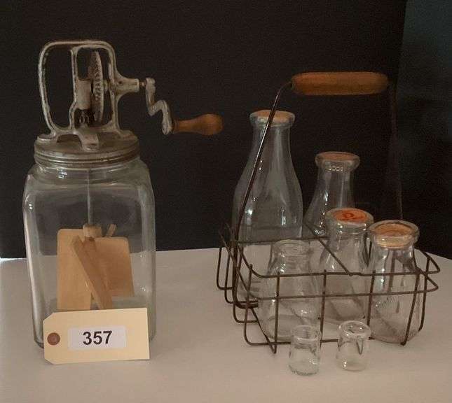 Antique Glass Butter Churn, Antique Milk Bottles And Caddy image