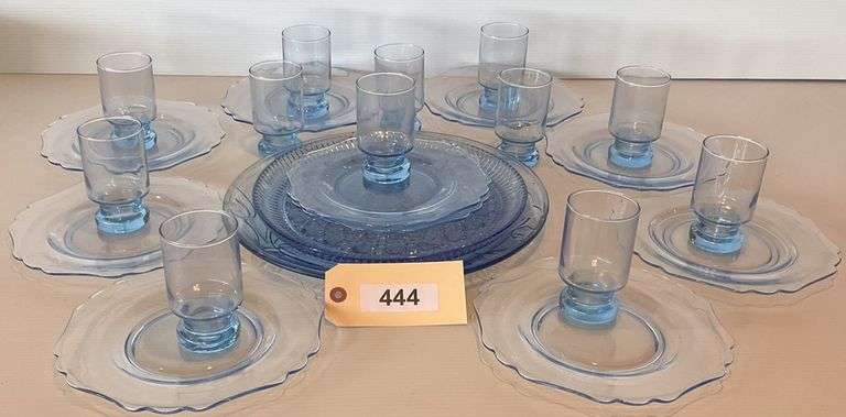 Blue Crystal Cake Plate 11", 13" Floral Platter, 10 Salad Plates & 12 Wine Goblets image