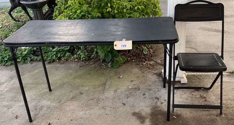 Vinyl Top Table, Some Stains, 48"X20"X28", Metal Folding Chair image