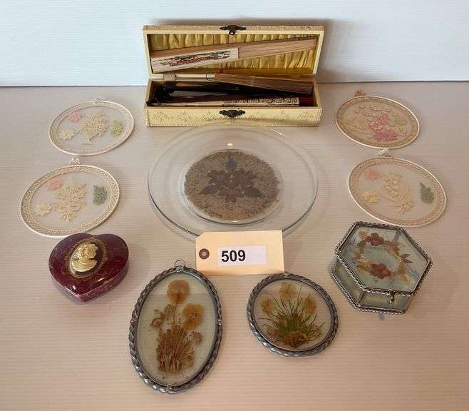 Floral Accessories, Cameo Heart Box, Box Of Oriental Fans, Framed Dried Flowers image