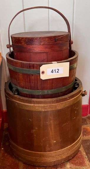 Two Wooden Barrels 12" & 14", Covered Barrel, 10" image