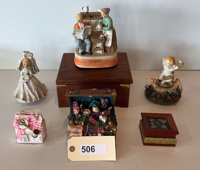 6 Wooden And Ceramic Music Boxes & 1 Other Music Box, 7 Pieces image