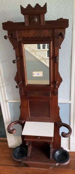 Antique Wooden And Marble Hall Tree, 82"X12" image