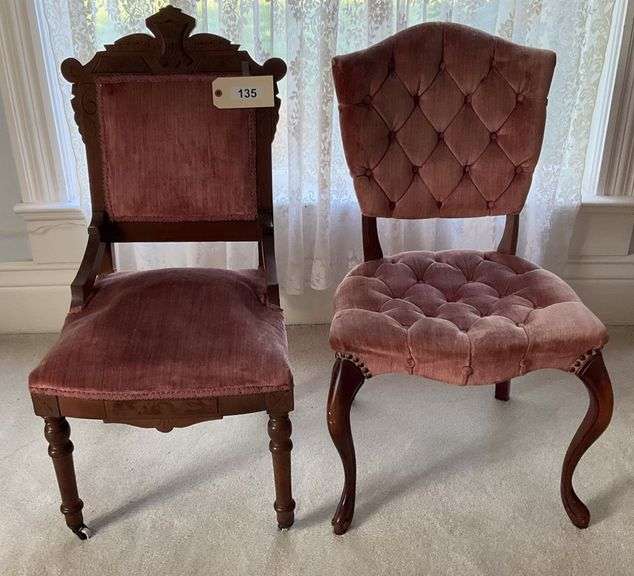 Two Antique Velvet Accent Chairs, 1 Needs Seat Repair image