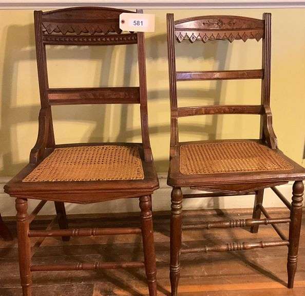 Two Antique Wooden Chairs With Cane Seats image