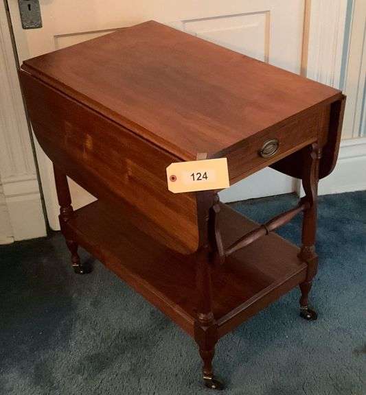 Antique Wooden Drop Leaf Table With Handle And Rollers, 39"X28"X29" image