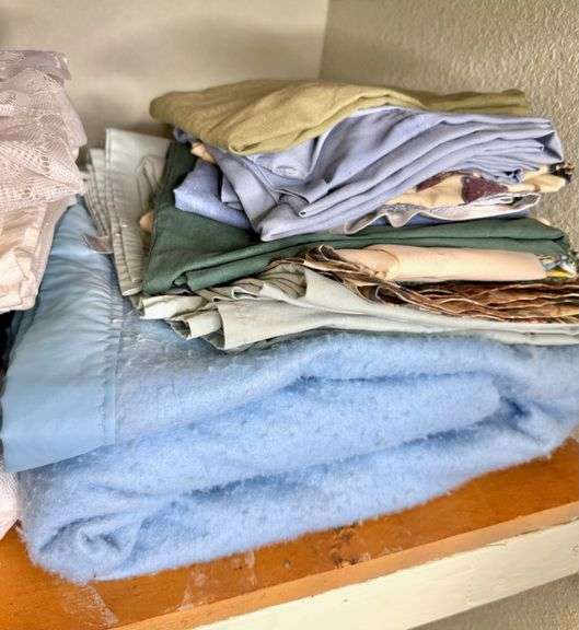 Shelf of Household Linens- Browns, Blues & White