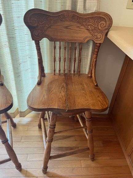2 Solid Oak Pressed Back Swivel Barstools- 3'4" to seat bottom, 2' seat height