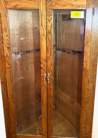 Oak Corner Gun Cabinet w/ Locking Glass Front Doors & Lower Locking Ammo Storage