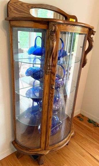 Amish Made Oak Curved Front China Cabinet with Carved Lion Details contents not included