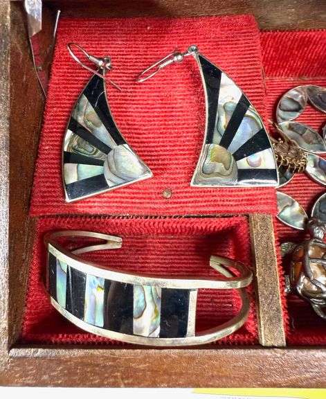 Vintage Abalone Mexican Silver Jewelry Lot with Wood Box – Earrings, Cuff, & Pendants