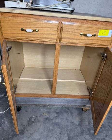 2-Door Cabinet on Castors with Wooden Plank Top