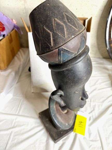 Hand-Carved African Tribal Head Sculpture – Tall Bust with Geometric Headdress