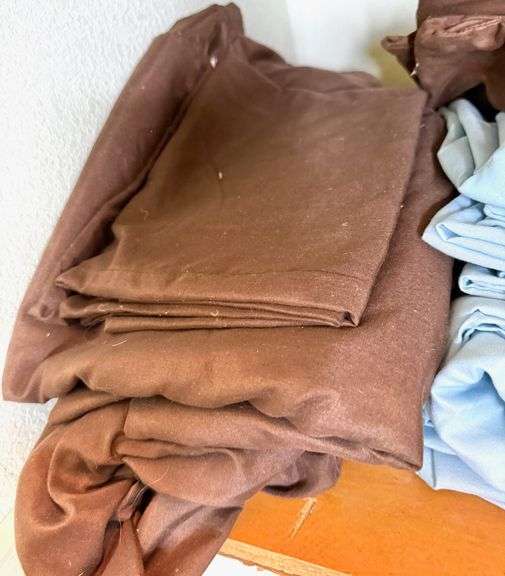 Shelf of Household Linens- Browns, Blues & White