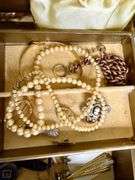 Vintage Jewelry Box w/ Jewelry Assortment- chains, earrings, necklaces, bracelets