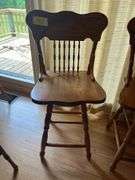 2 Solid Oak Pressed Back Swivel Barstools- 3'4" to seat bottom, 2' seat height