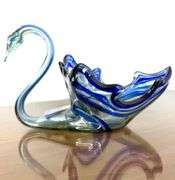 Hand Blown Glass Swan- Blue Swirl