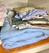 Shelf of Household Linens- Browns, Blues & White