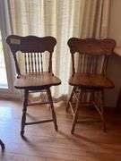 2 Solid Oak Pressed Back Swivel Barstools- 3'4" to seat bottom, 2' seat height