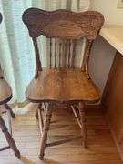2 Solid Oak Pressed Back Swivel Barstools- 3'4" to seat bottom, 2' seat height