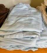 Shelf of Household Linens- Browns, Blues & White