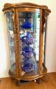 Amish Made Oak Curved Front China Cabinet with Carved Lion Details contents not included