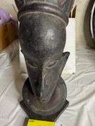 Hand-Carved African Tribal Head Sculpture – Tall Bust with Geometric Headdress