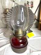 1920s Aladdin #11 Kerosene Lamp, Red Glass Barn Lamp, Mid-Century Ribbed Base Oil Lamp