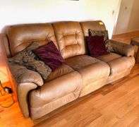 Leather Couch with 2 Reclining Seats + 4 Throw Pillows- see photos for condition