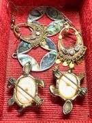 Vintage Abalone Mexican Silver Jewelry Lot with Wood Box – Earrings, Cuff, & Pendants