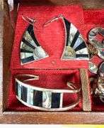 Vintage Abalone Mexican Silver Jewelry Lot with Wood Box – Earrings, Cuff, & Pendants