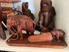 Lot of Hand-Carved Wooden Elephants & Decorative Accent Lamp