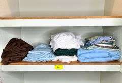 Shelf of Household Linens- Browns, Blues & White
