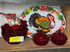 Turkey Platter, Red Bowls, Candy Dish