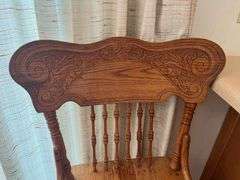 2 Solid Oak Pressed Back Swivel Barstools- 3'4" to seat bottom, 2' seat height
