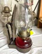 1920s Aladdin #11 Kerosene Lamp, Red Glass Barn Lamp, Mid-Century Ribbed Base Oil Lamp