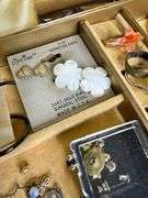 Vintage Jewelry Box w/ Jewelry Assortment- chains, earrings, necklaces, bracelets