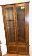 Oak Corner Gun Cabinet w/ Locking Glass Front Doors & Lower Locking Ammo Storage