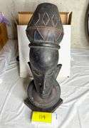 Hand-Carved African Tribal Head Sculpture – Tall Bust with Geometric Headdress