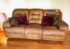 Leather Couch with 2 Reclining Seats + 4 Throw Pillows- see photos for condition